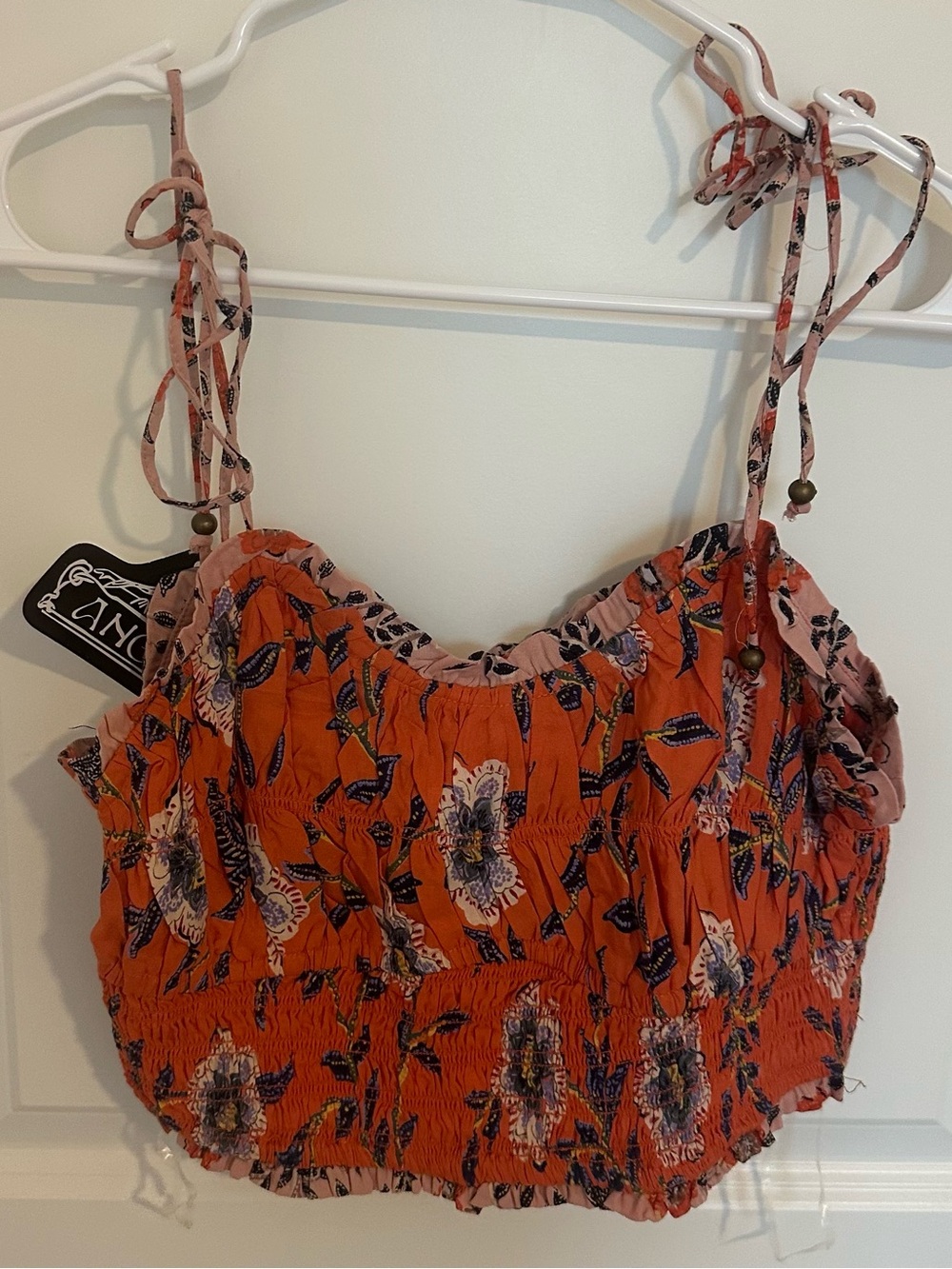 Angie Orange Floral Tie-Shoulder Crop Top